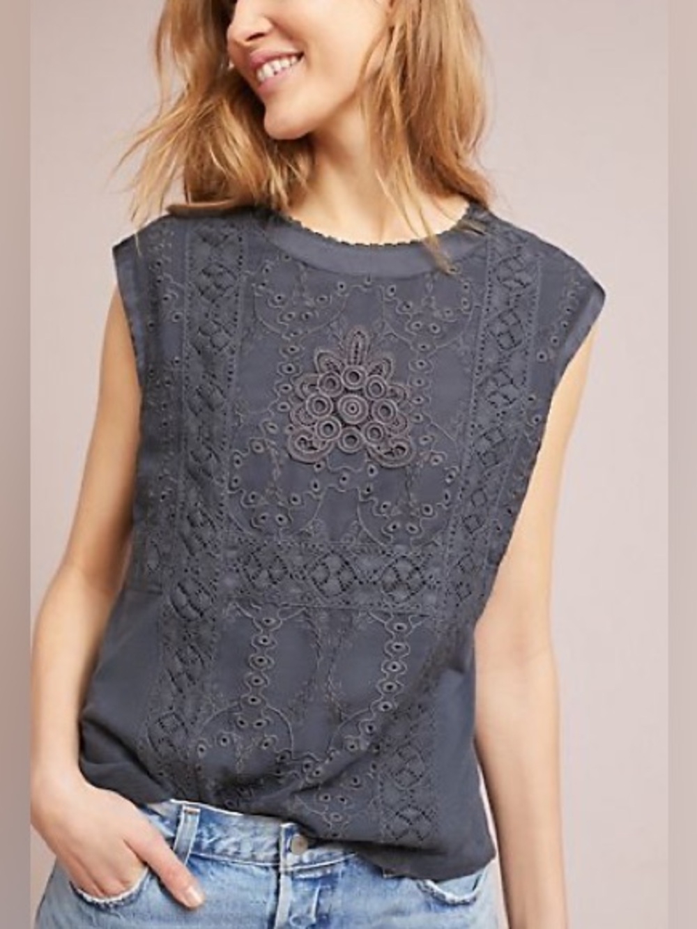 Tiny by Anthropologie Laced Maddie Eyelet Top W/Cap Sleeves Size Small